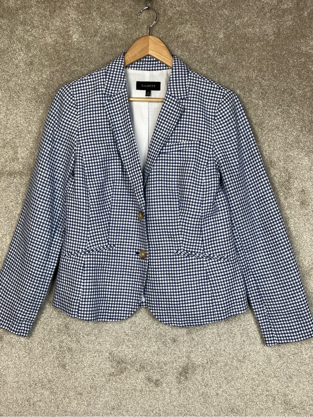 Talbots Jacket Womens 8 Blue White Linen Blend Gingham Button Lined Blazer- 5384